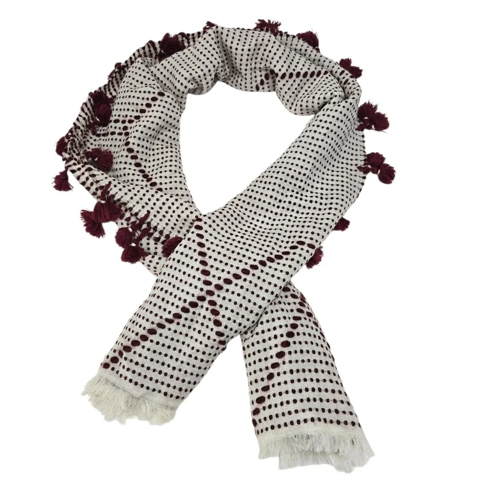 Madewell Wool Blend Tassel Scarf Cream Burgundy Polka Dot G0168 HO16